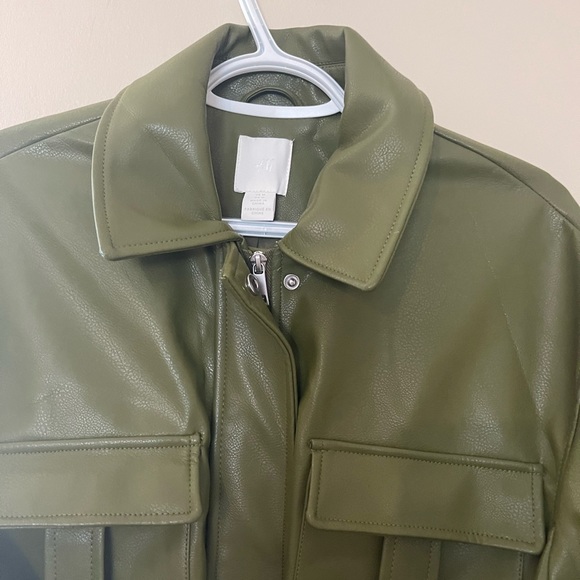 H&M FAUX LEATHER OLIVE GREEN BELTED JACKET - Picture 6 of 7